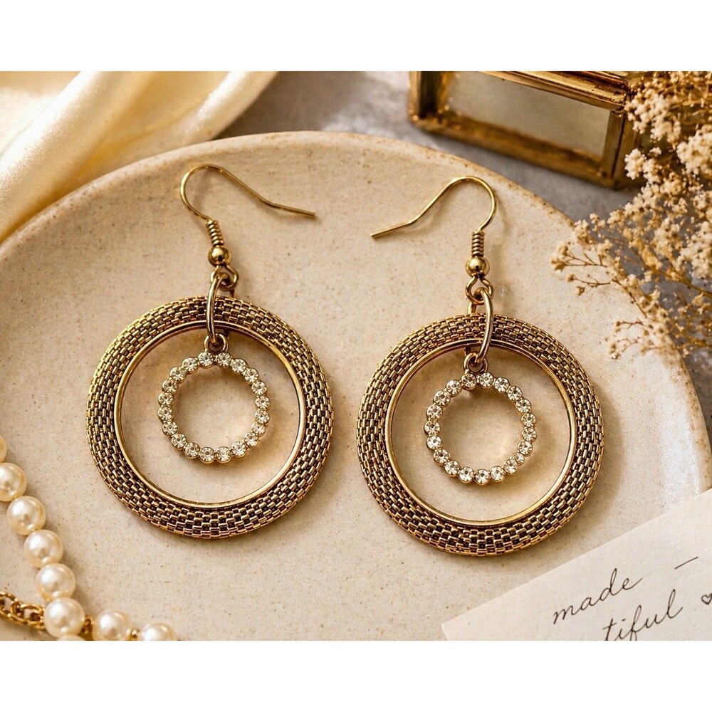 Vintage 80s Gold Tone Textured Mesh Double Hoop Rhinestone Earrings Maximalist